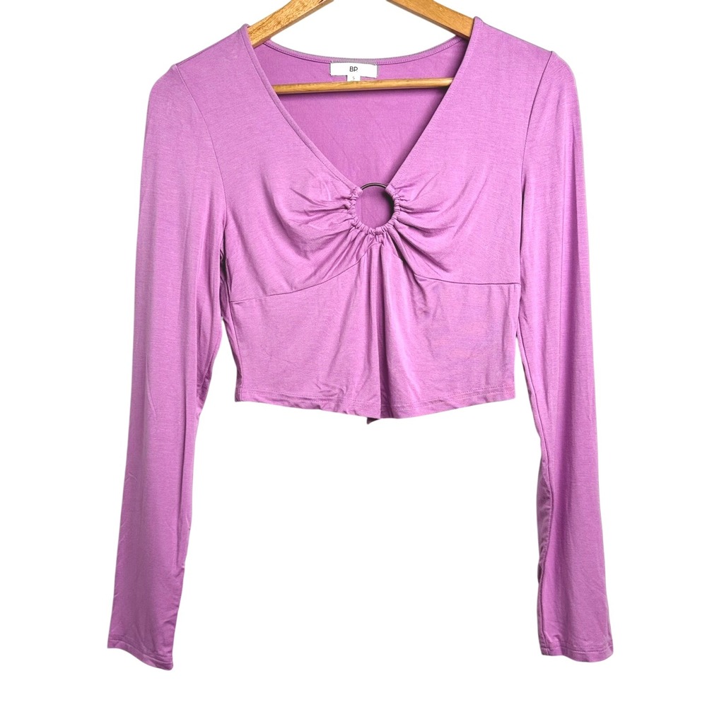 BP Long Sleeve Ring Detail Cropped Top Purple Women's‎ Small V-Neck Casual